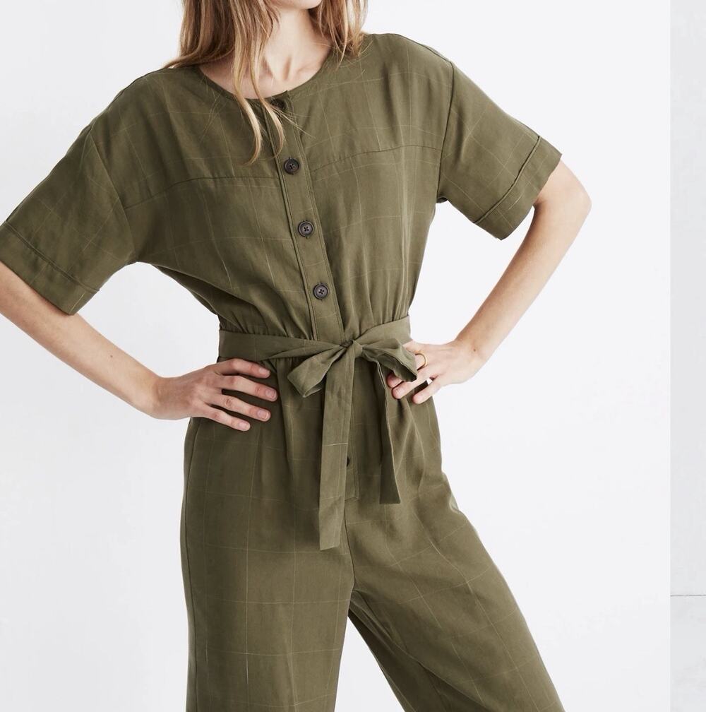 Madewell Summer Kale Green Plaid Short Sleeve Belted Cropped Ankle Jumpsuit
